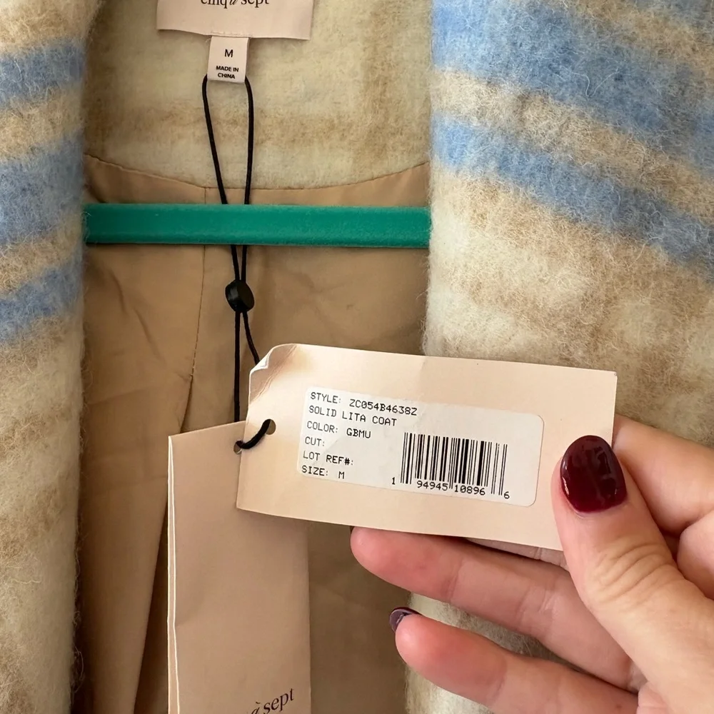 NWT- Cinq à Sept 'Lita' Wool-Blend Fringe-Trim Plaid Coat, Glacier Blue - Medium - Picture 4 of 9